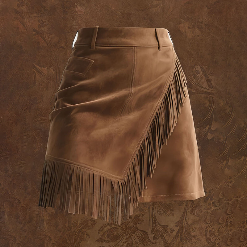 Women's Western Style Mini Skirt Solid Color Fringe Hem Pencil Skirt With Decorative Pockets For Vacation