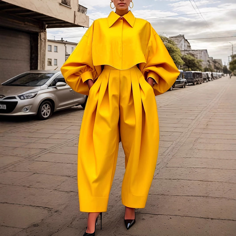 Women's Casual Work 2 Piece Set Bell Long Sleeve Shirt Harem Pant Outfits