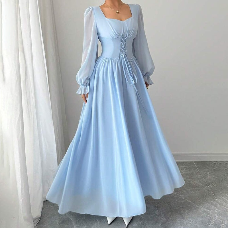 Women's Square Neck Long Sleeve A-Line Maxi Dress With Puff Sleeves & Tie Waist For Wedding Guest, Party, Formal Events