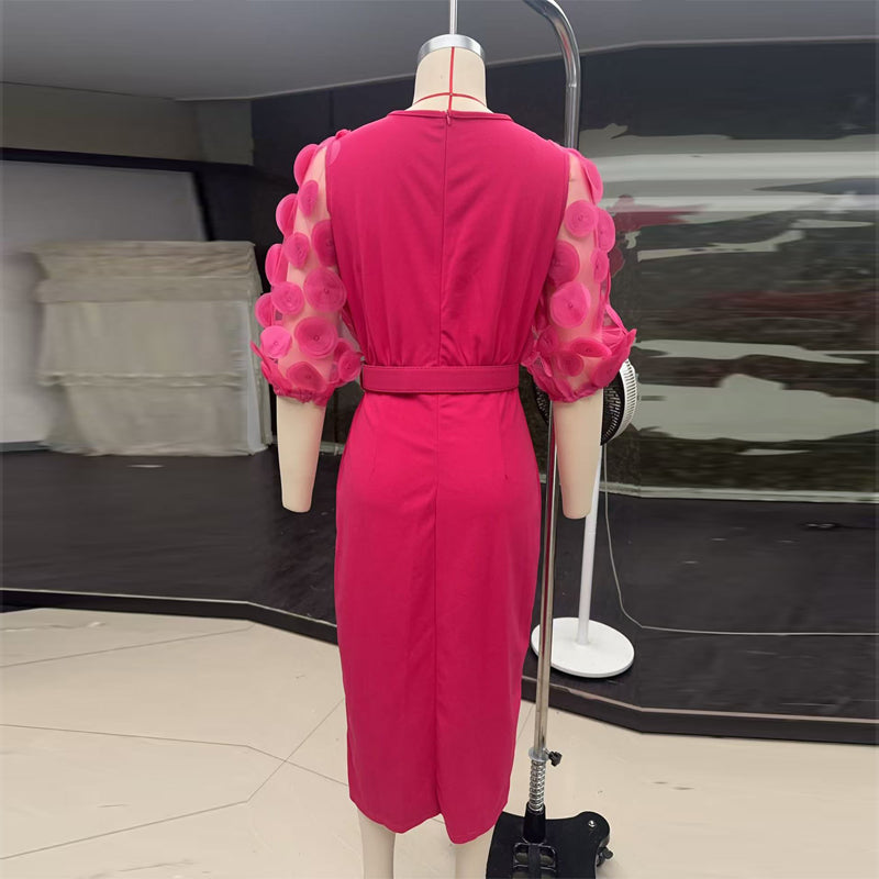 Women's Polka Dot Lace Sleeve Fit And Flare Dress, Round Neck Knee-Length Bodycon With Side Slit