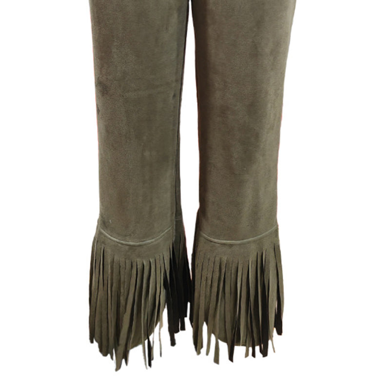 Women's Solid Color Fringe Hem Flared Pants - Western Style Bootcut Trousers With Button Fly & Pockets For Spring Fall